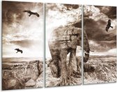 GroepArt - Schilderij -  Olifant - Grijs, Wit - 120x80cm 3Luik - 6000+ Schilderijen 0p Canvas Art Collectie