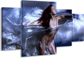 GroepArt - Schilderij -  Vrouw - Geel, Blauw, Zwart - 160x90cm 4Luik - Schilderij Op Canvas - Foto Op Canvas