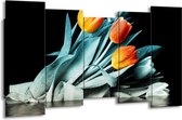 GroepArt - Canvas Schilderij - Tulp - Oranje, Blauw, Zwart - 150x80cm 5Luik- Groot Collectie Schilderijen Op Canvas En Wanddecoraties