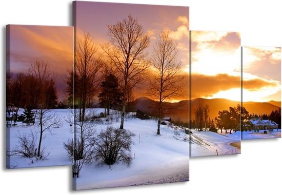 GroepArt - Schilderij -  Winter - Wit, Bruin, Oranje - 160x90cm 4Luik - Schilderij Op Canvas - Foto Op Canvas