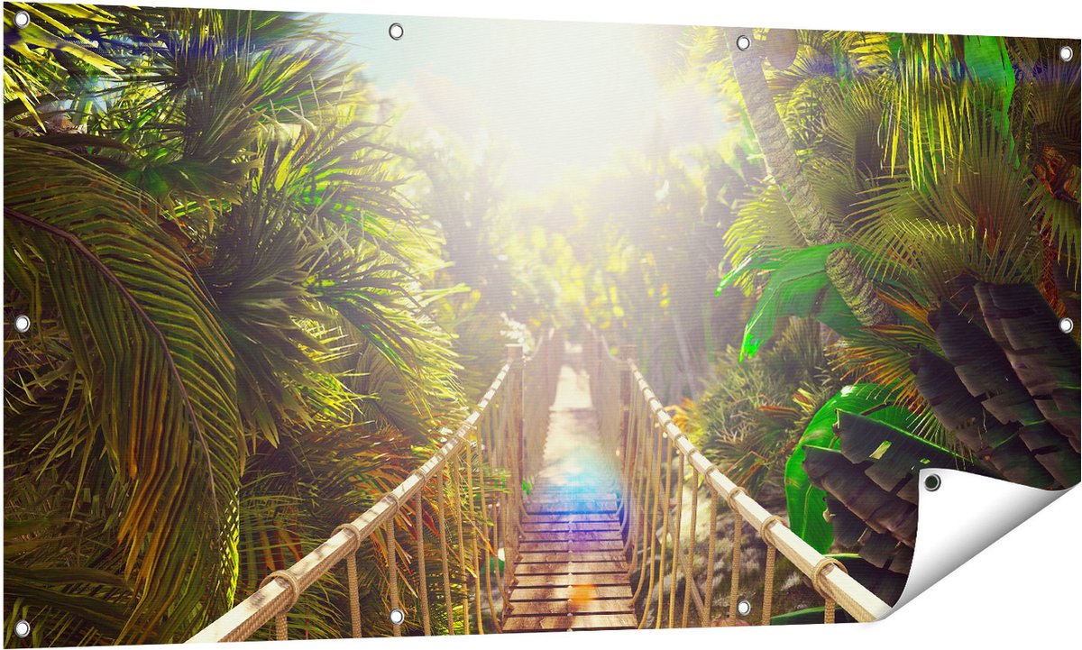 Gards Tuinposter Houten Brug in de Tropische Jungle - 140x70 cm - Tuindoek - Tuindecoratie - Wanddecoratie buiten - Tuinschilderij Multikleur