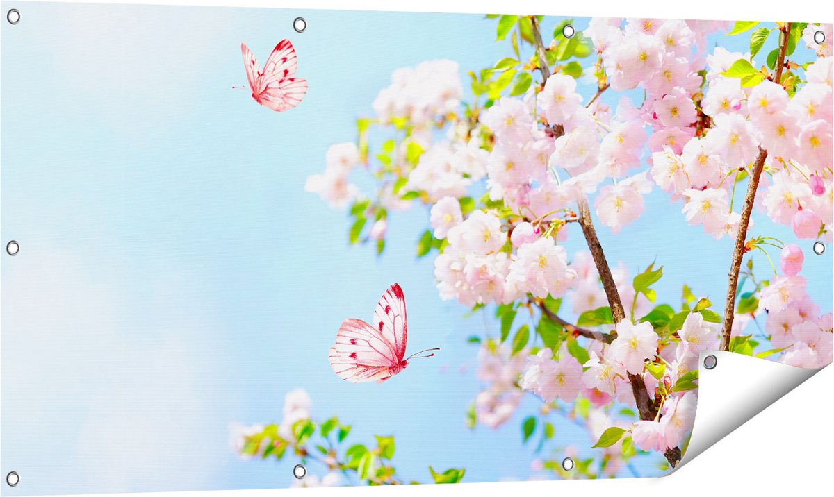 Gards Tuinposter Twee Roze Vlinders bij Roze Bloesem Bloemen - 120x60 cm - Tuindoek - Tuindecoratie - Wanddecoratie buiten - Tuinschilderij Multikleur
