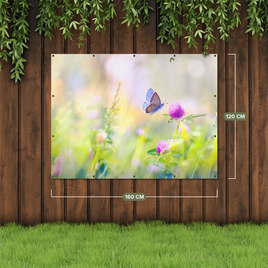 Gards Affiche de jardin Papillon bleu avec une Bloem violette - 160x120 cm - Toile jardin - Décoration de jardin - Décoration murale extérieur - Tableau jardin
