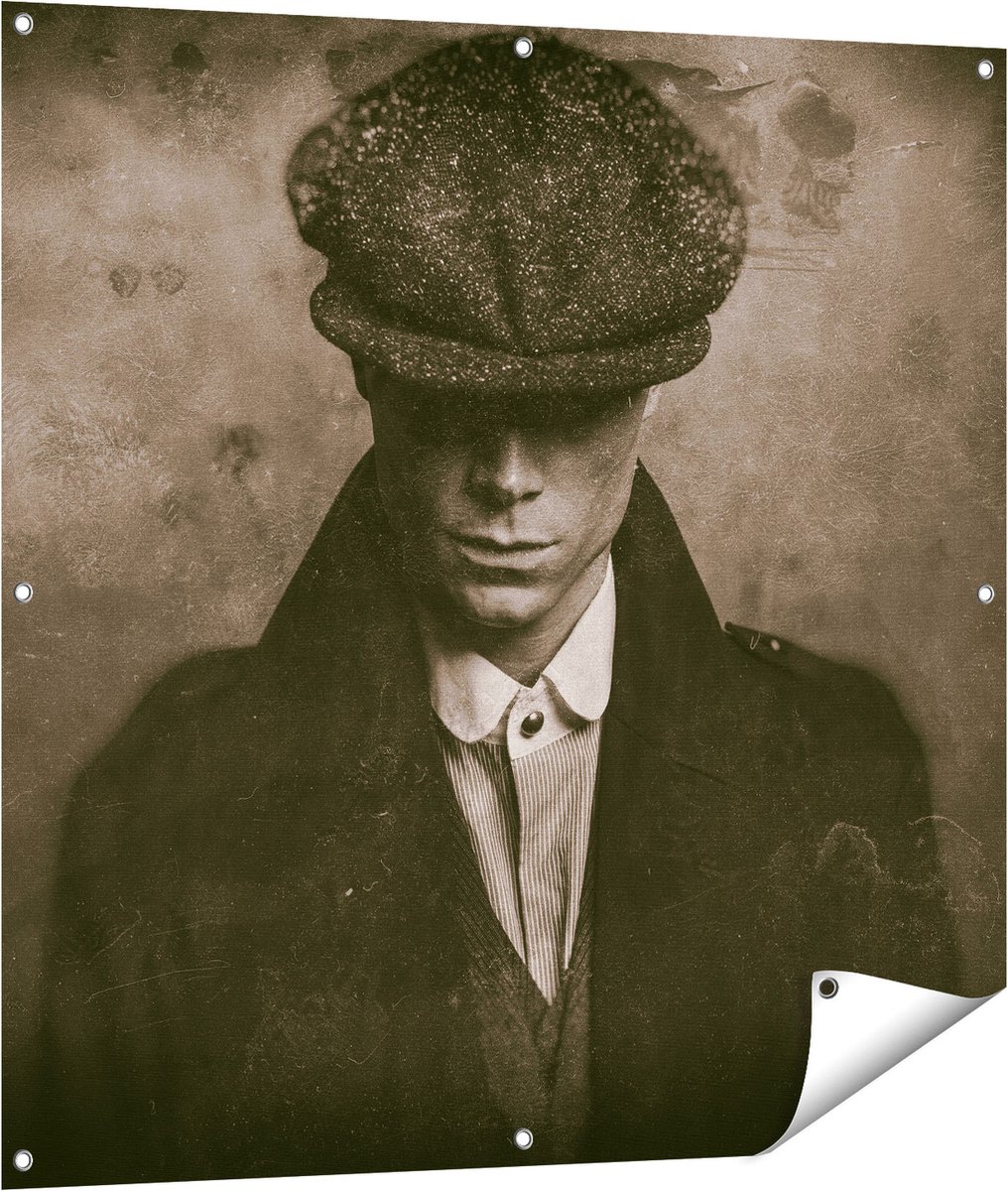 Gards Tuinposter Engelse Gangster uit Jaren 1920 - Zwart Wit - 100x100 cm - Tuindoek - Tuindecoratie - Wanddecoratie buiten - Tuinschilderij Multikleur
