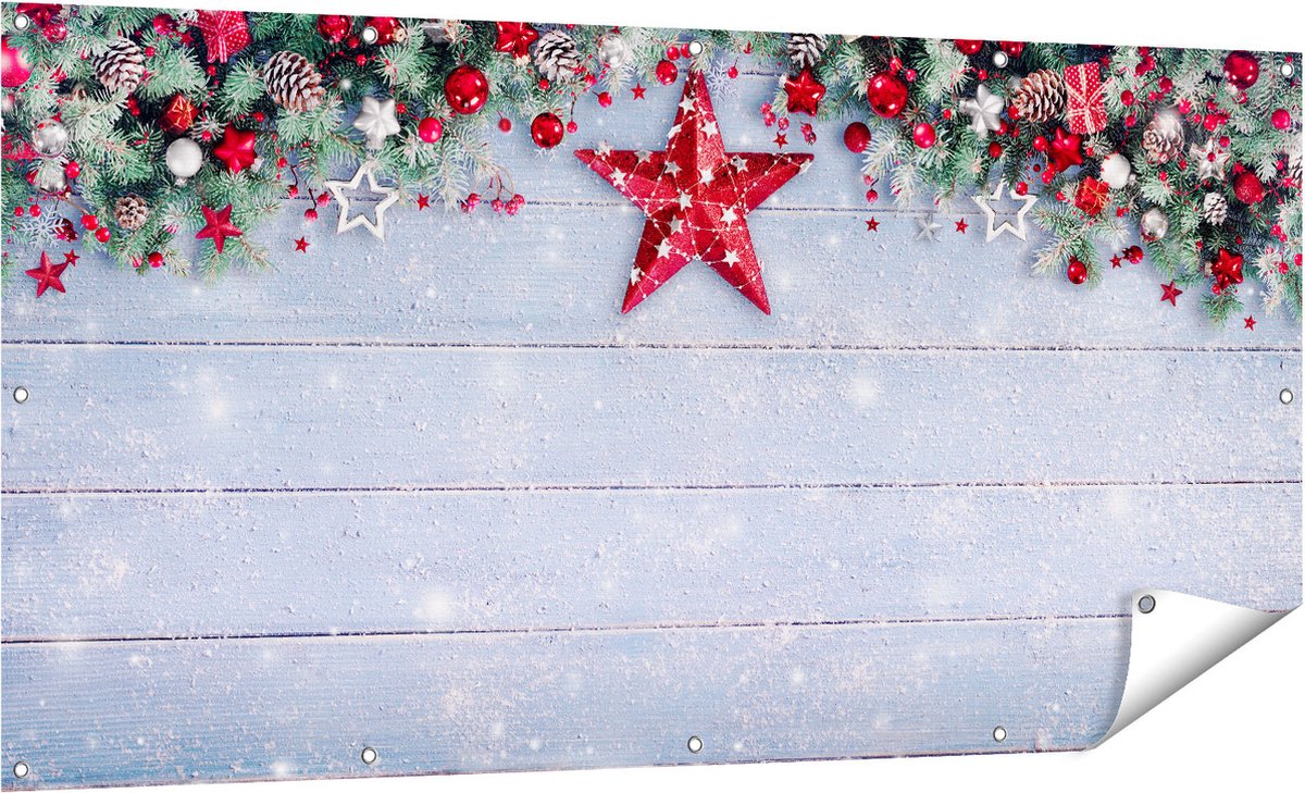 Gards Tuinposter Kerst Achtergrond met Sneeuw op Tafel - 160x80 cm - Tuindoek - Tuindecoratie - Wanddecoratie buiten - Tuinschilderij Multikleur