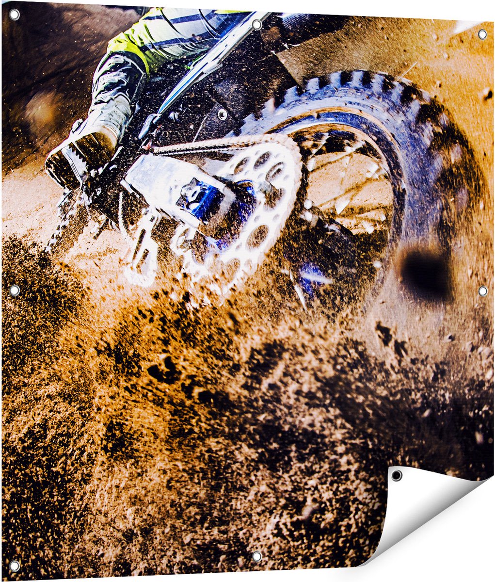 Gards Tuinposter Motorcross Wiel met Modder - 90x90 cm - Tuindoek - Tuindecoratie - Wanddecoratie buiten - Tuinschilderij Multikleur