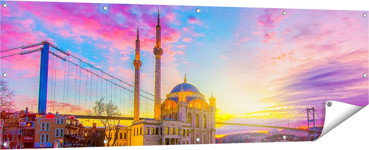 Gards Tuinposter Kleurrijke Ortakoy Moskee in Instanbul - 180x60 cm - Tuindoek - Tuindecoratie - Wanddecoratie buiten - Tuinschilderij Multikleur