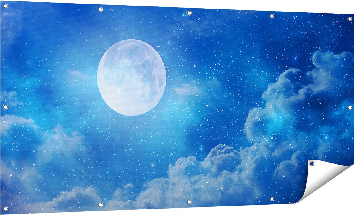 Gards Tuinposter Volle Maan in de Blauwe Hemel met Sterren - 160x80 cm - Tuindoek - Tuindecoratie - Wanddecoratie buiten - Tuinschilderij Multikleur