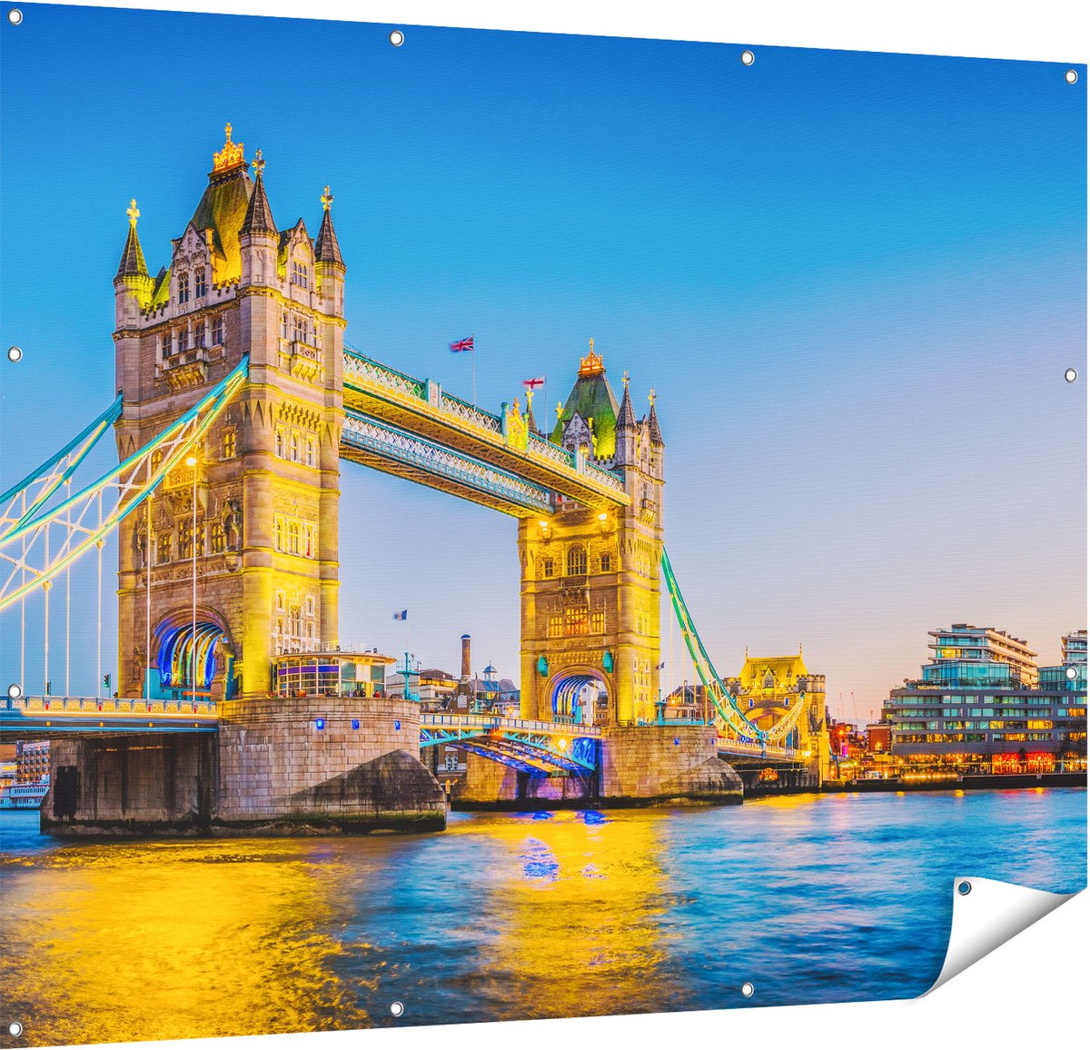 Gards Tuinposter Tower Bridge in Londen met Verlichting - 150x120 cm - Tuindoek - Tuindecoratie - Wanddecoratie buiten - Tuinschilderij Multikleur