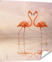 Gards Tuinposter Twee Flamingo's in een Hartjes Vorm - 100x100 cm - Tuindoek - Tuindecoratie - Wanddecoratie buiten - Tuinschilderij