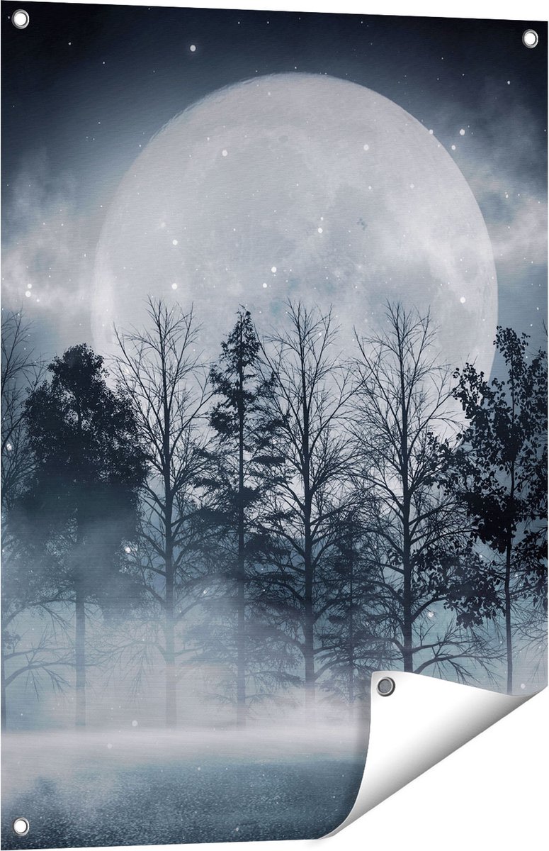 Gards Tuinposter Maan tussen de Bomen in de Nacht - 60x80 cm - Tuindoek - Tuindecoratie - Wanddecoratie buiten - Tuinschilderij Multikleur