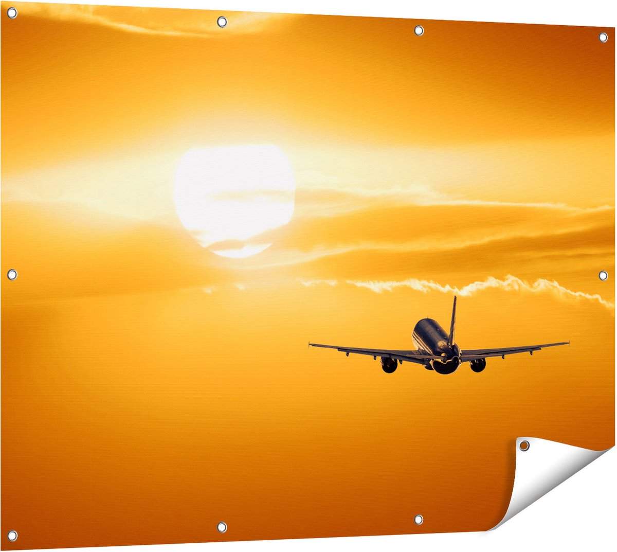 Gards Tuinposter Vliegtuig bij Zonsondergang - 120x90 cm - Tuindoek - Tuindecoratie - Wanddecoratie buiten - Tuinschilderij Multikleur