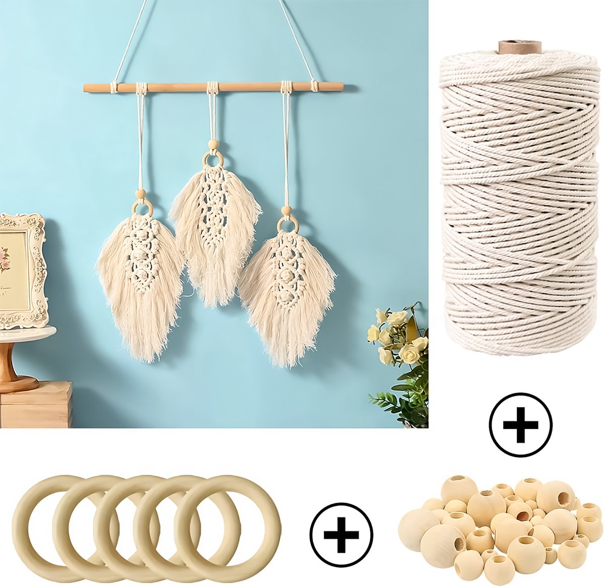 300 Meter 3mm Macramé Touw Compleet Pakket met Houten Ringen en Kralen - Hobby DIY Natuurlijk Katoen Koord\Garen voor Wandkleed en Plantenhanger Zelf Maken - Volwassen\ Kinderen Knutselen Set voor Macramé en Sieraden Handwerk- Incl. E-boeken — afbeelding 9