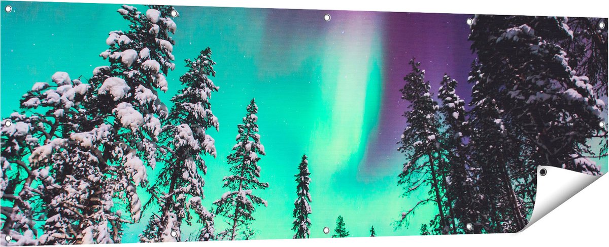 Gards Tuinposter Noorderlicht in de Bossen van Noorwegen - 180x60 cm - Tuindoek - Tuindecoratie - Wanddecoratie buiten - Tuinschilderij Multikleur