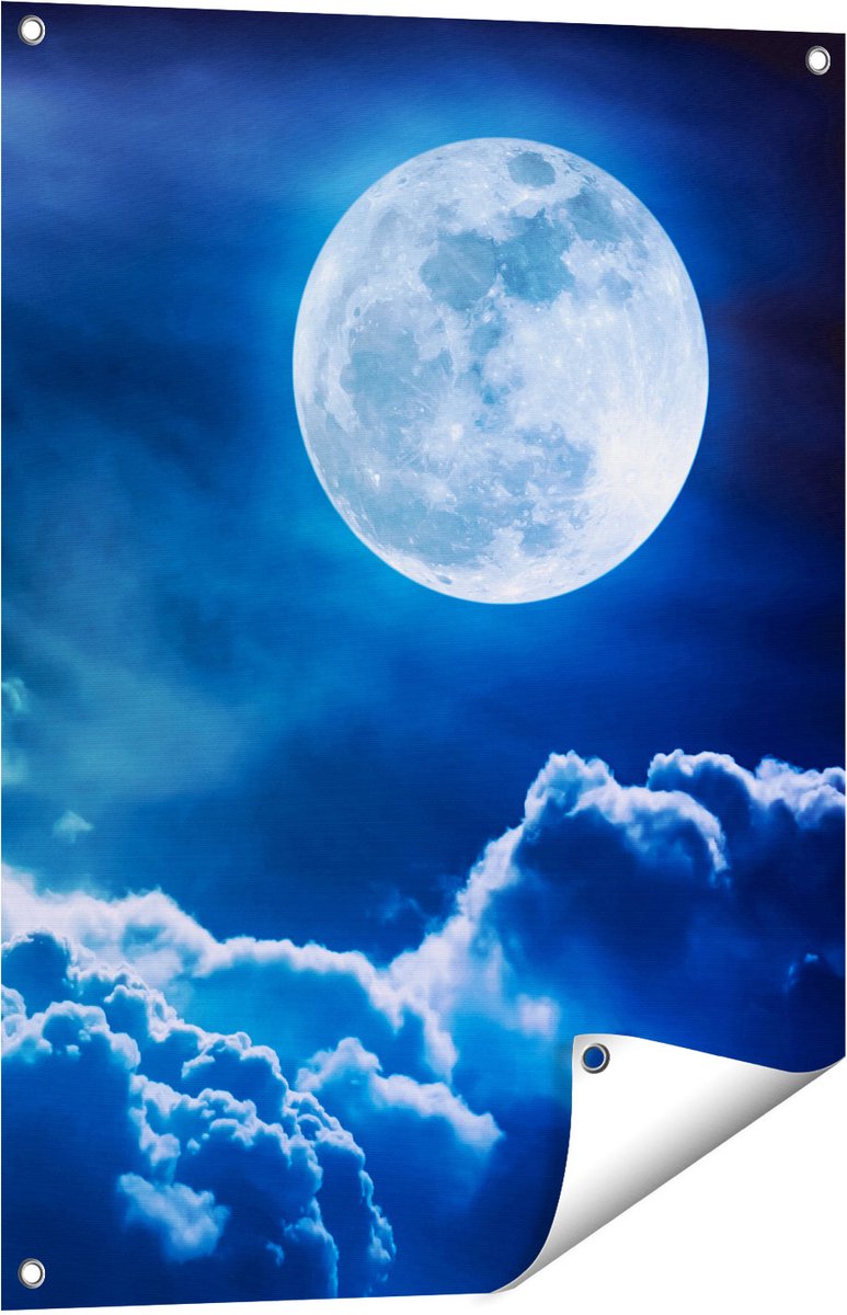 Gards Tuinposter Volle Maan bij Wolken - 60x80 cm - Tuindoek - Tuindecoratie - Wanddecoratie buiten - Tuinschilderij Multikleur