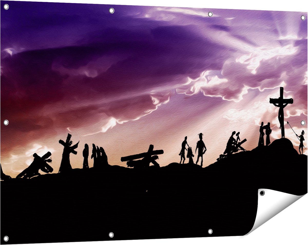 Gards Tuinposter Kruistocht naar het Kruis van Jezus Christus - 120x80 cm - Tuindoek - Tuindecoratie - Wanddecoratie buiten - Tuinschilderij Multikleur