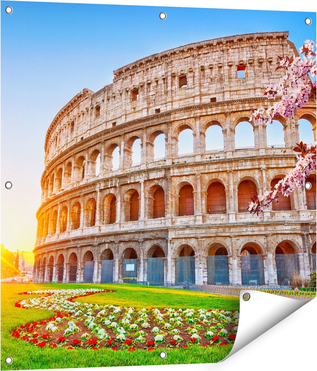 Gards Tuinposter Colosseum bij Zonsopgang in Rome, Itali� - 80x80 cm - Tuindoek - Tuindecoratie - Wanddecoratie buiten - Tuinschilderij Multikleur