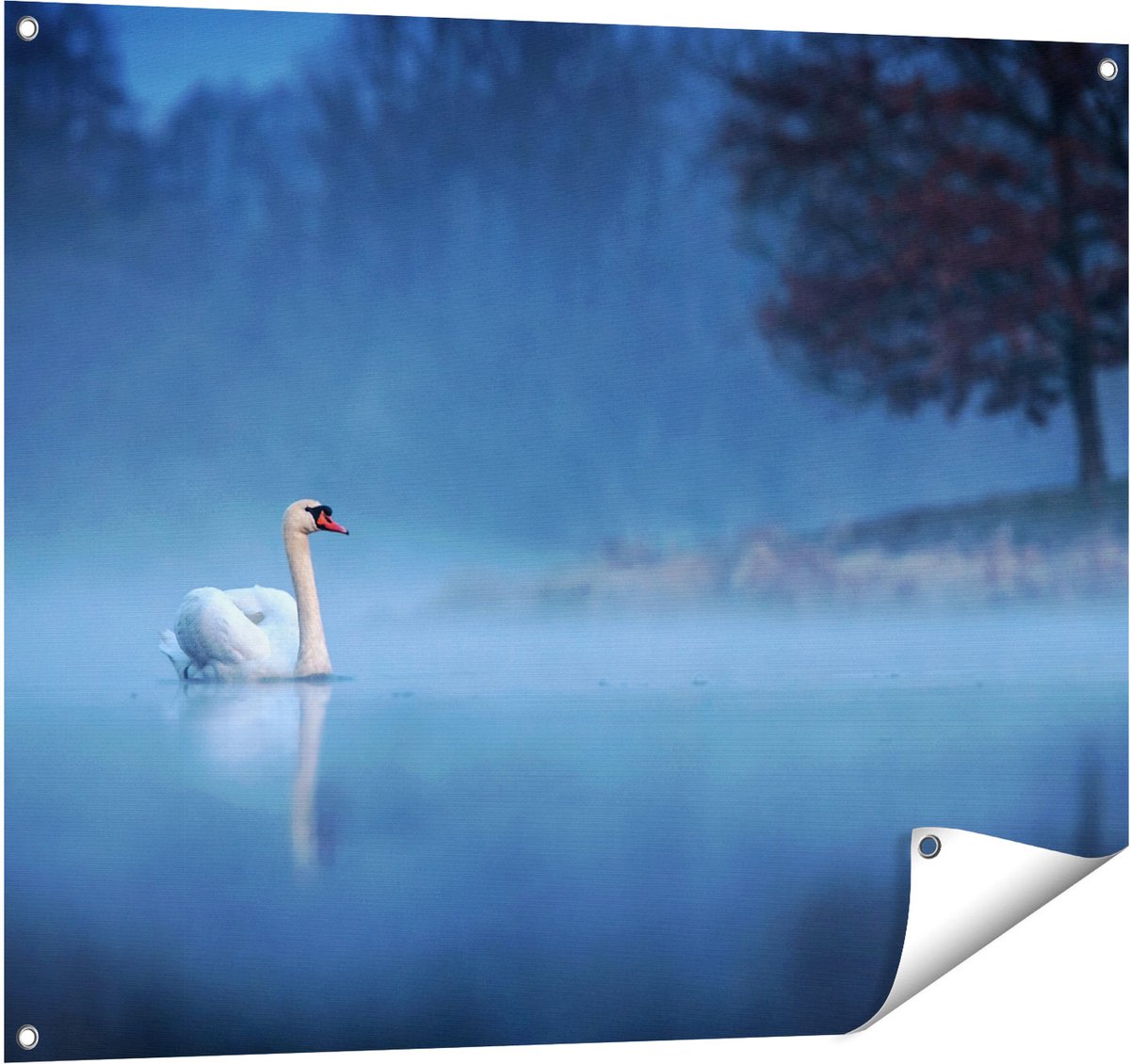Gards Tuinposter Zwaan op het Water tussen de Mist - 100x80 cm - Tuindoek - Tuindecoratie - Wanddecoratie buiten - Tuinschilderij Multikleur