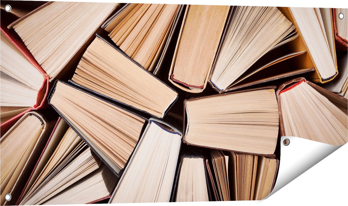 Gards Tuinposter Boeken Bladzijdes bij elkaar - 100x50 cm - Tuindoek - Tuindecoratie - Wanddecoratie buiten - Tuinschilderij Multikleur