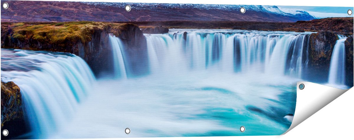 Gards Tuinposter Watervallen in het Blauw Groene Water - 120x40 cm - Tuindoek - Tuindecoratie - Wanddecoratie buiten - Tuinschilderij Multikleur