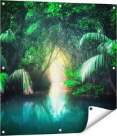 Gards Tuinposter Tropische Jungle met een Turquoise Meer - 80x80 cm - Tuindoek - Tuindecoratie - Wanddecoratie buiten - Tuinschilderij