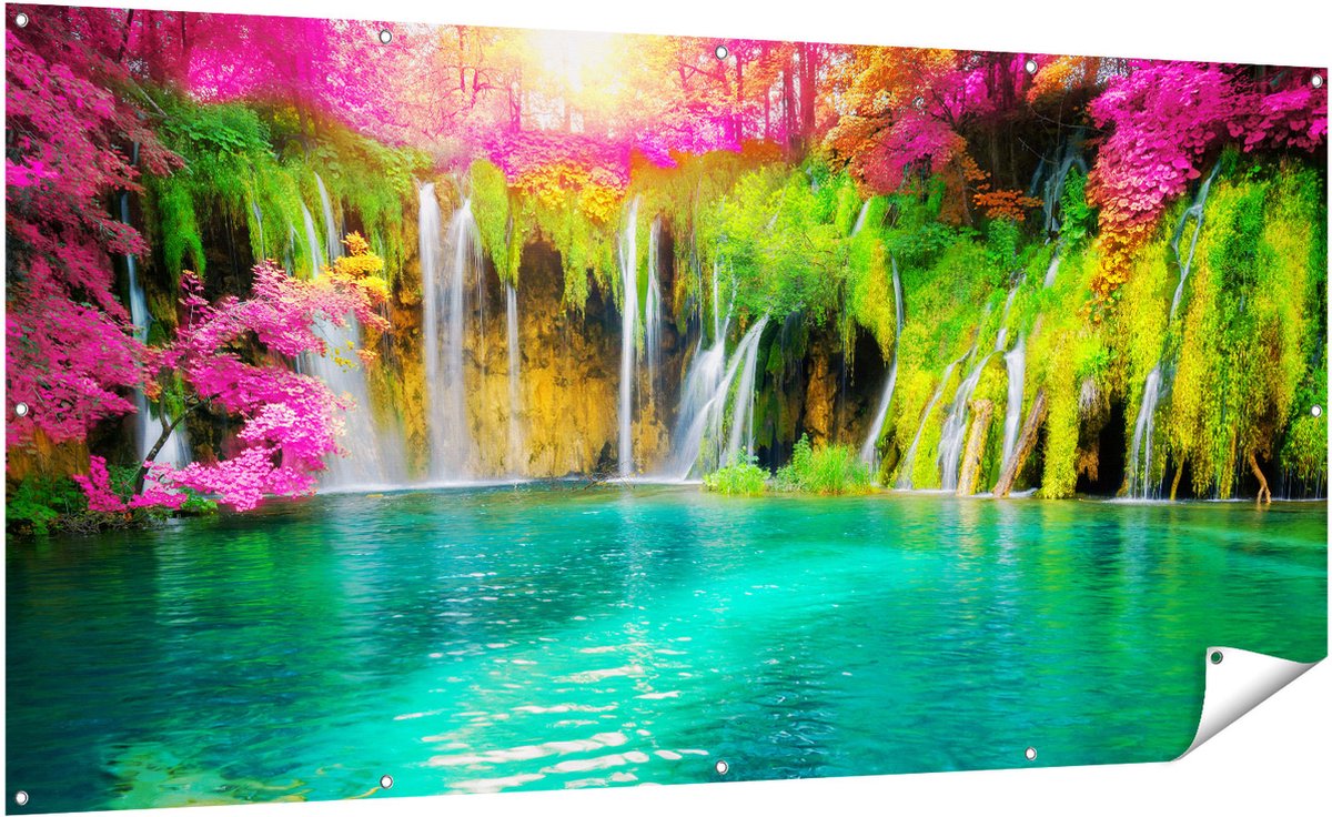 Gards Tuinposter Waterval met Roze en Groene Bloemen - 200x100 cm - Tuindoek - Tuindecoratie - Wanddecoratie buiten - Tuinschilderij Multikleur
