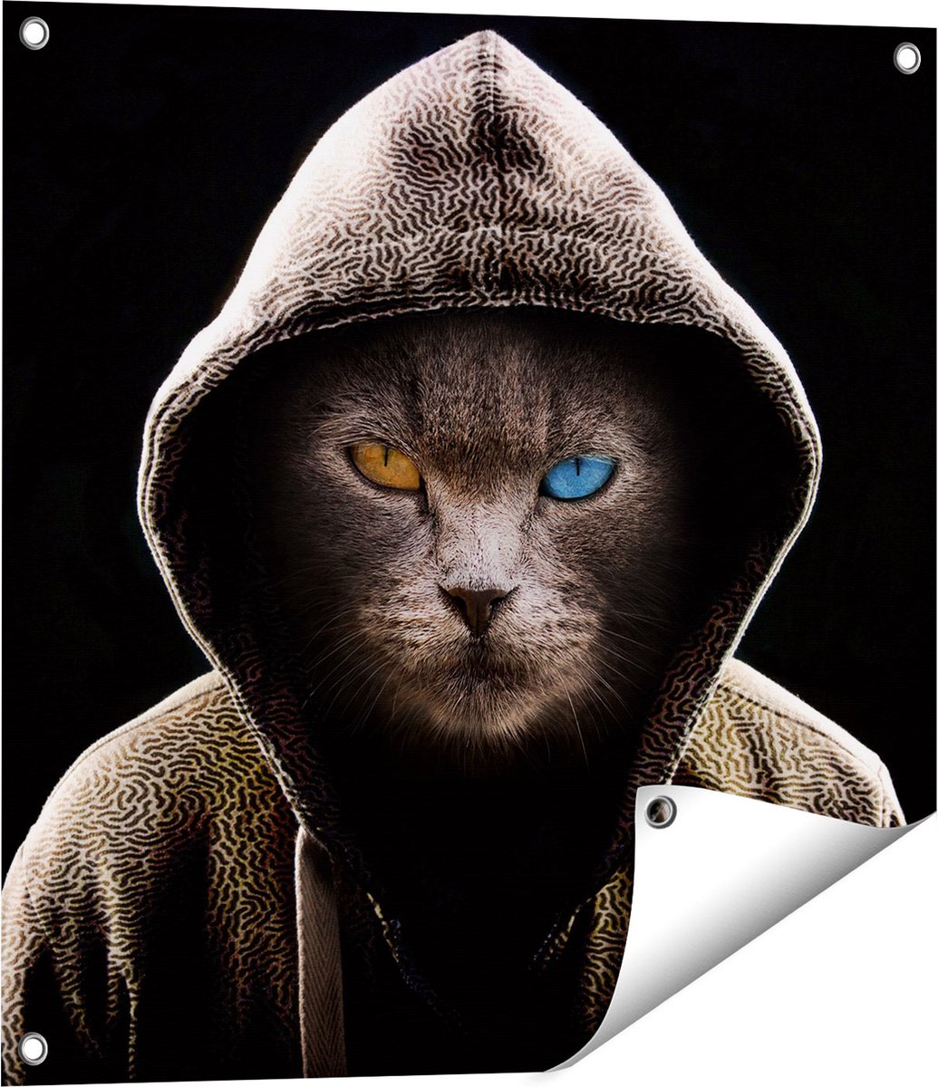 Gards Tuinposter Boze Kat Draagt een Hoodie - 60x60 cm - Tuindoek - Tuindecoratie - Wanddecoratie buiten - Tuinschilderij Multikleur
