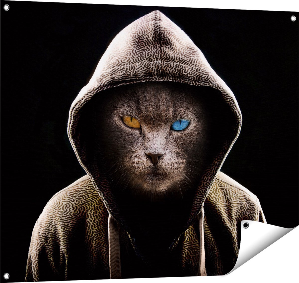 Gards Tuinposter Boze Kat Draagt een Hoodie - 100x80 cm - Tuindoek - Tuindecoratie - Wanddecoratie buiten - Tuinschilderij Multikleur