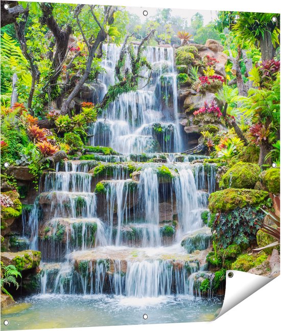 Gards Tuinposter Tropische Waterval in Thailand - 100x100 cm - Tuindoek - Tuindecoratie - Wanddecoratie buiten - Tuinschilderij