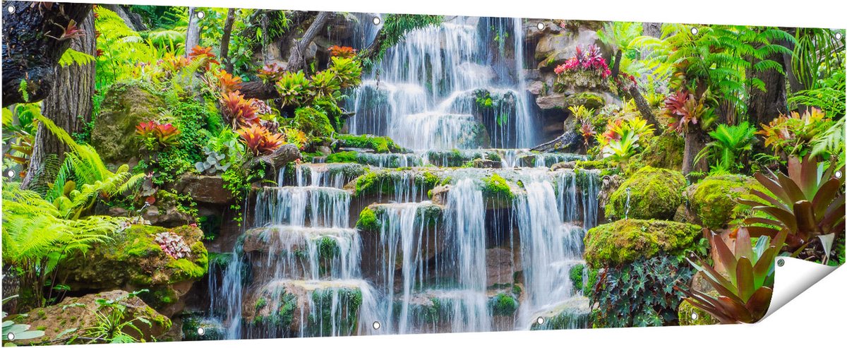 Gards Tuinposter Tropische Waterval in Thailand - 210x70 cm - Tuindoek - Tuindecoratie - Wanddecoratie buiten - Tuinschilderij Multikleur