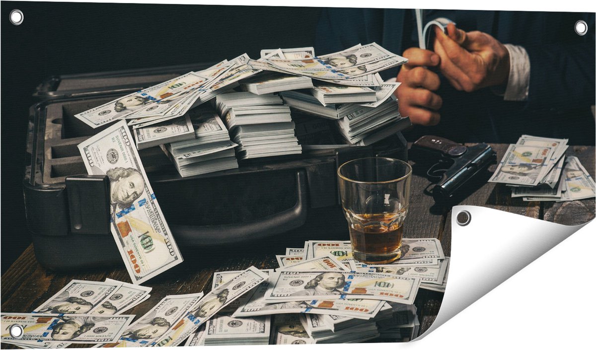 Gards Tuinposter Dollar Geld Briefjes op Tafel van de Maffia - 80x40 cm - Tuindoek - Tuindecoratie - Wanddecoratie buiten - Tuinschilderij Multikleur