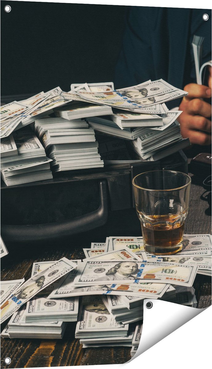Gards Tuinposter Dollar Geld Briefjes op Tafel van de Maffia - 60x90 cm - Tuindoek - Tuindecoratie - Wanddecoratie buiten - Tuinschilderij Multikleur