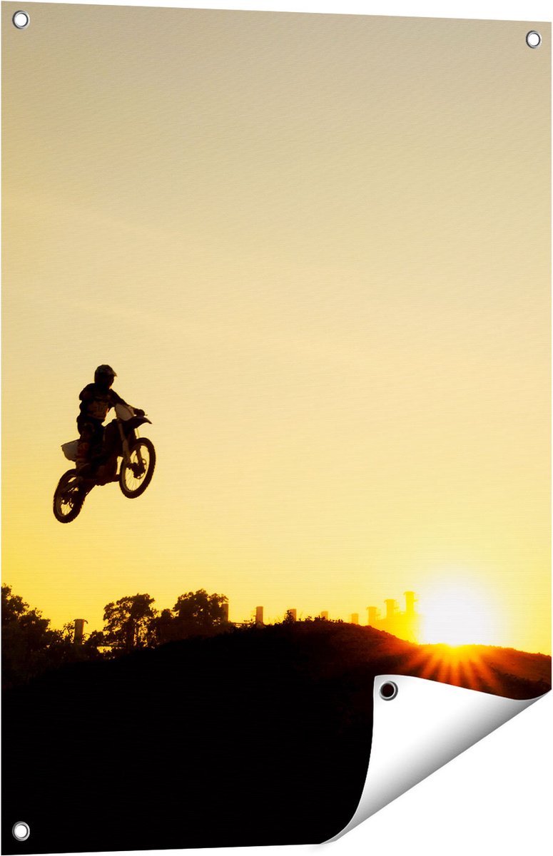 Gards Tuinposter Silhouet van een Motorcross bij Zonsondergang - 60x80 cm - Tuindoek - Tuindecoratie - Wanddecoratie buiten - Tuinschilderij Multikleur