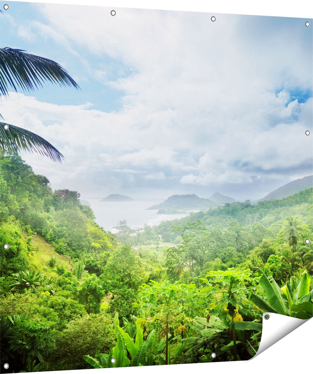 Gards Tuinposter Jungle Uitzicht op de Seychellen - 120x120 cm - Tuindoek - Tuindecoratie - Wanddecoratie buiten - Tuinschilderij Multikleur