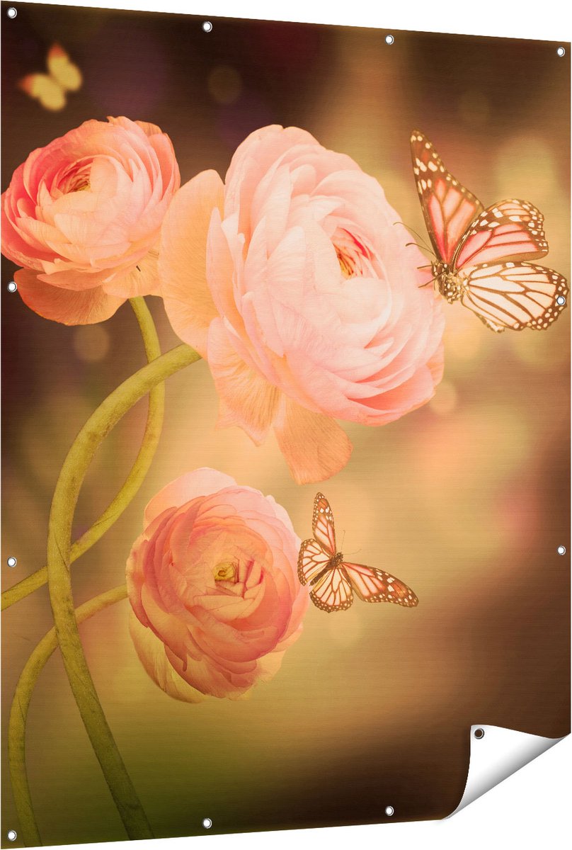 Gards Tuinposter Twee Roze Vlinders bij Roze Rozen - 120x150 cm - Tuindoek - Tuindecoratie - Wanddecoratie buiten - Tuinschilderij Multikleur