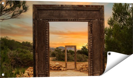 Foto: Gards tuinposter cale llentia deur opening in ibiza 100x50 cm tuindoek tuindecoratie wanddecoratie buiten tuinschilderij