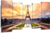 GroepArt - Canvas Schilderij - Eiffeltoren - Grijs, Bruin, Groen - 150x80cm 5Luik- Groot Collectie Schilderijen Op Canvas En Wanddecoraties