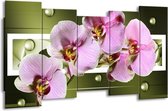 GroepArt - Canvas Schilderij - Orchidee - Groen, Paars, Roze - 150x80cm 5Luik- Groot Collectie Schilderijen Op Canvas En Wanddecoraties