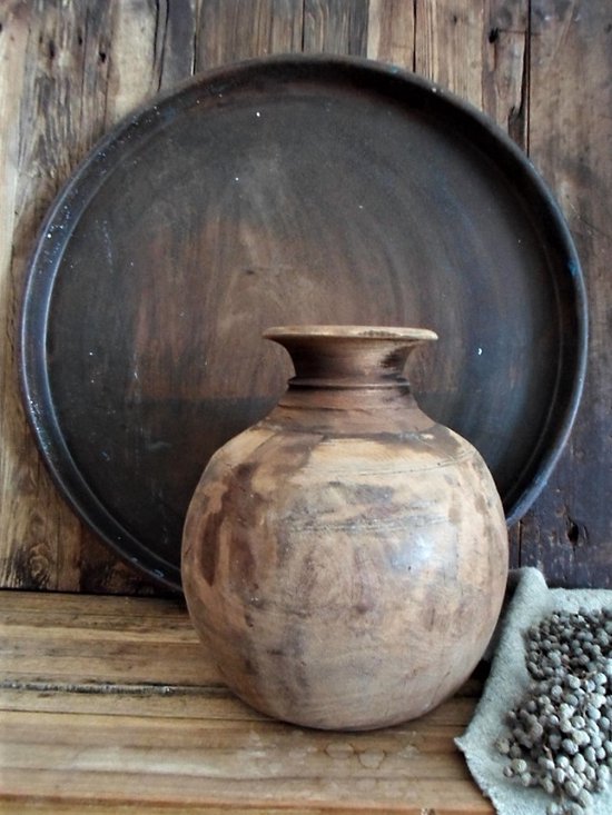 Authentieke houten Nepalese pot/unieke houten Nepalese pot 27 cm