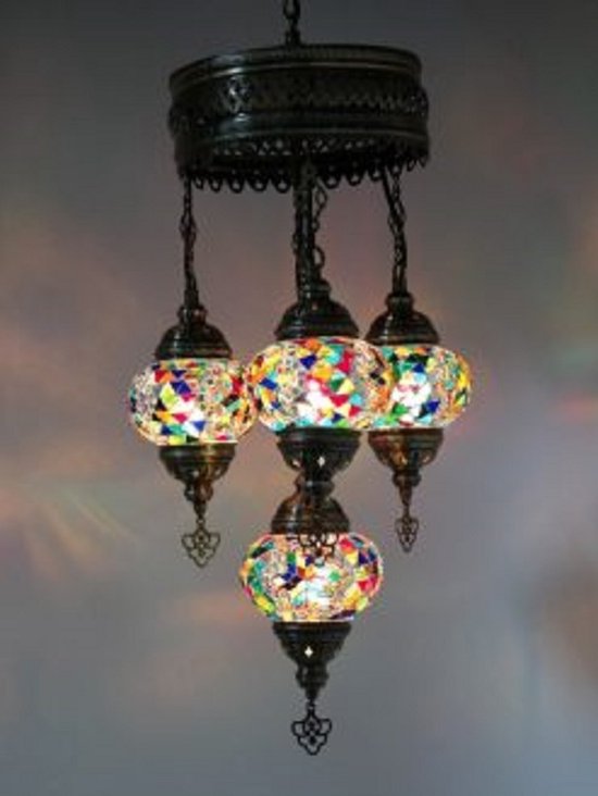Lustre oriental en verre mosaïque à 4 globes