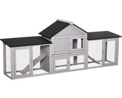 PawHut Konijnenhok Grenenhout 210L x 45,5B x 84,5H cm Grijs+Zwart