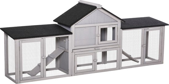 Pawhut hok voor kleine dieren Kooi voor kleine dieren met bodempan en oprit cavia hok cavia kooi 2 verdiepingen klein dierenhok dennenhout wit grijs 117 x 49 x 108 cm