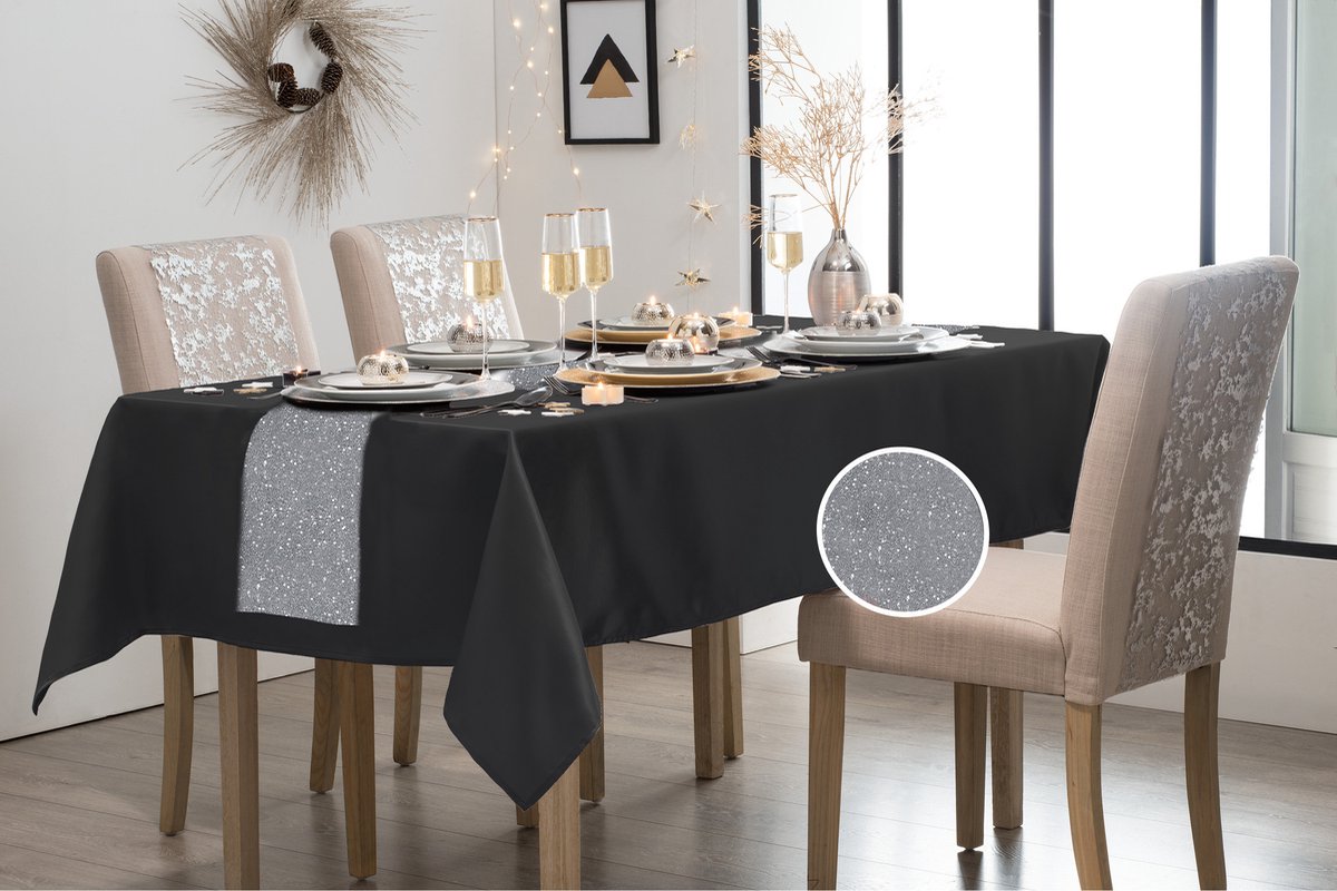 Feest tafelkleed met glitter tafelloper op rol - zwart/zilver - 10 meter