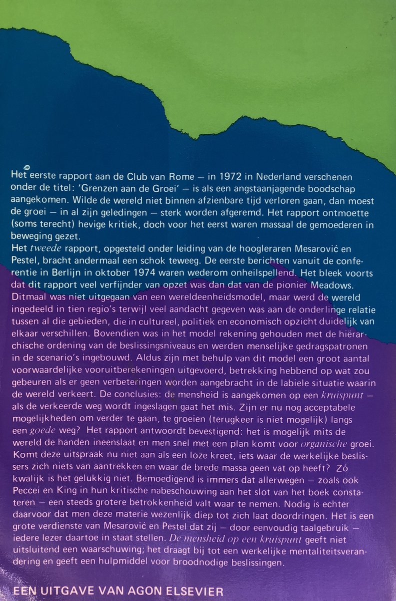 Boekrug van 'De Mensheid op een kruispunt', het tweede rapport aan de Club van Rome. De cover is een gestileerde wereldbol.