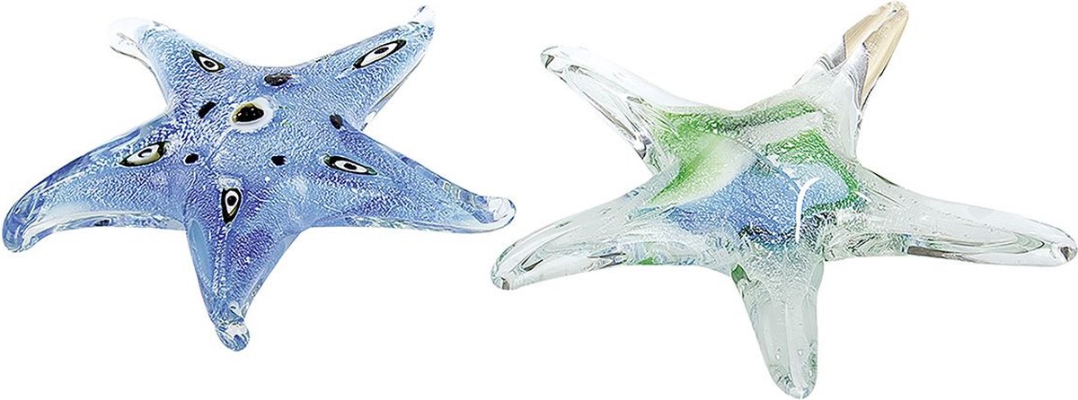 Glas sculptuur zeesterren set 14 cm kleur blauw en groen handgemaakt