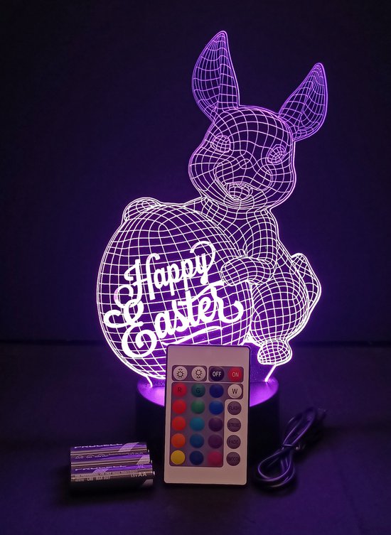 Lumiasfer - Nachtlamp 'Happy Easter' - LED lamp - 3D Illusion - 7 kleuren en 4 effecten - vrolijk pasen