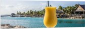 WallClassics - PVC Schuimplaat- Gele Cocktail op Rots aan het Water van Vakantieplek - 150x50 cm Foto op PVC Schuimplaat