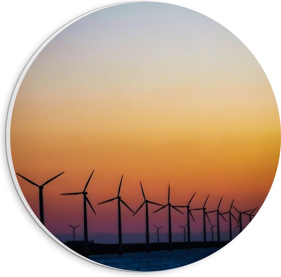 WallClassics - PVC Schuimplaat Muurcirkel - Rij Windmolers tijdens de Zonsondergang - 20x20 cm Foto op Muurcirkel (met ophangsysteem)