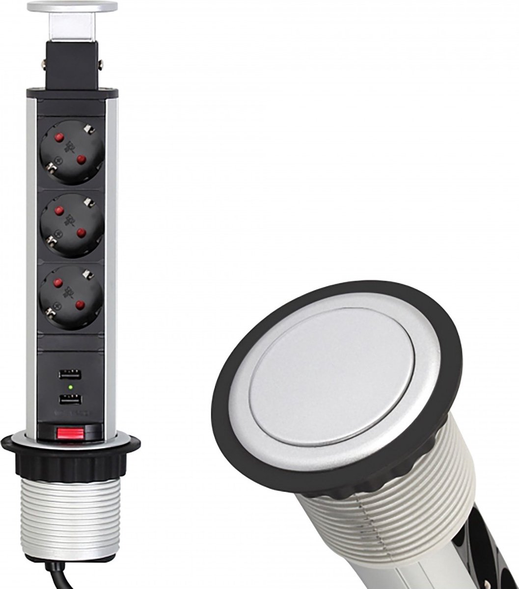 Design Light Liftbox - Stekkerdoos - Verdeelstekker met 3 Stopcontacten - 2 USB A - Inbouw Stekkerblok met 1.8 meter kabel - Aluminium