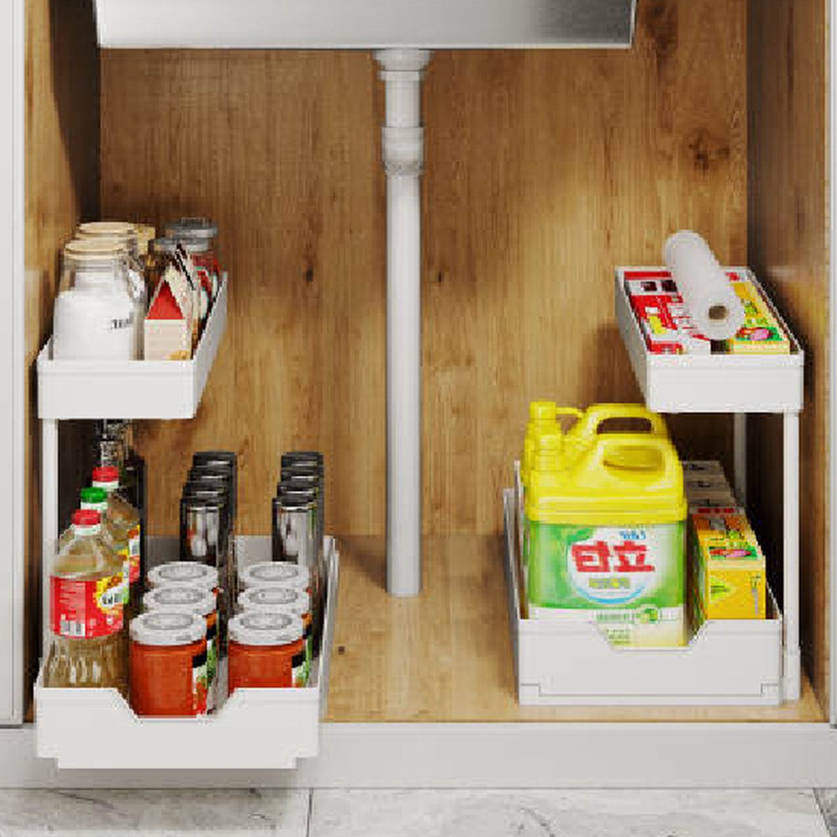 2-Lagige Organizer Voor Onder De Wastafel - Uittrekbare Keukenorganizer Met 8 Haken En 4 Bekers Multifunctionele Opbergoplossing